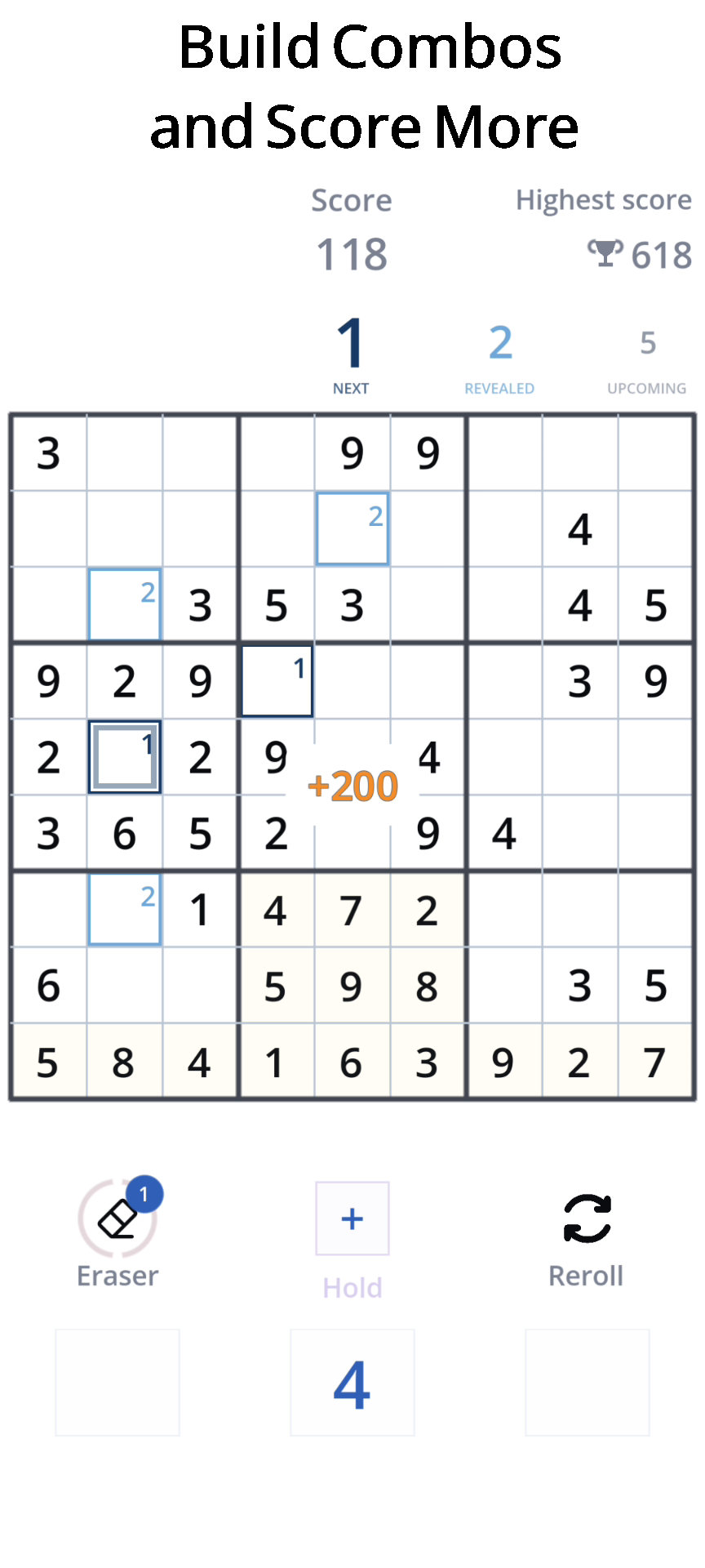 Numerift gameplay showing a combo score bonus