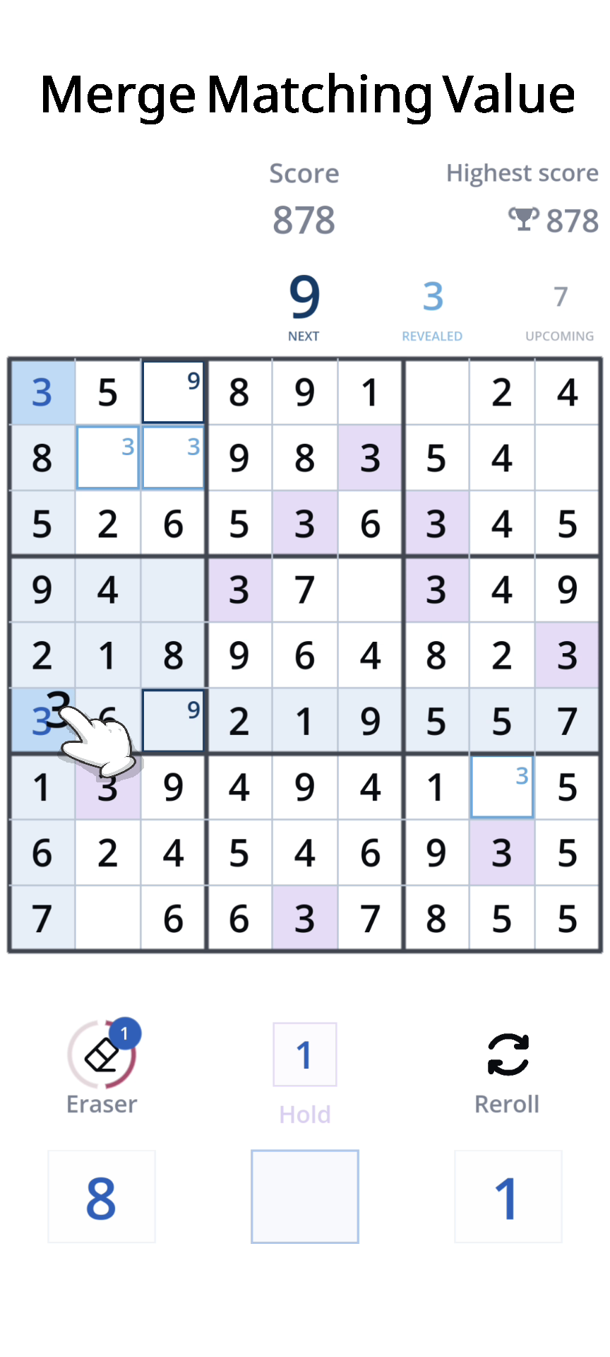 Numerift gameplay demonstrating how matching values merge