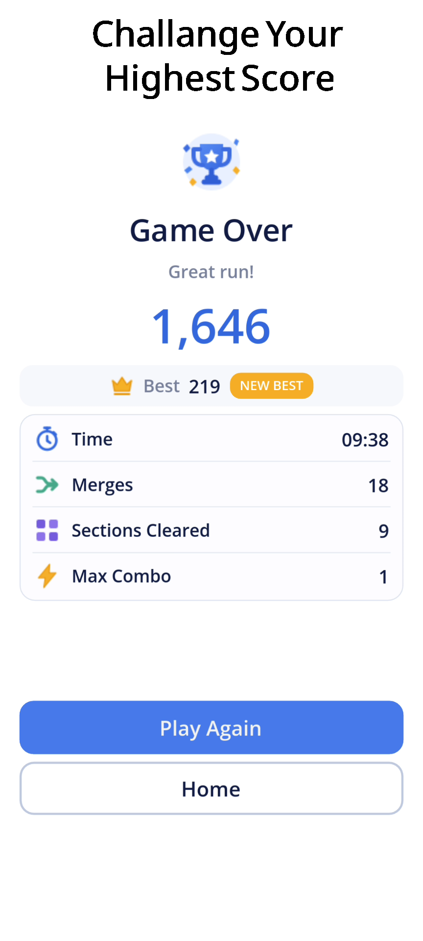 Numerift game-over screen with a new highest score